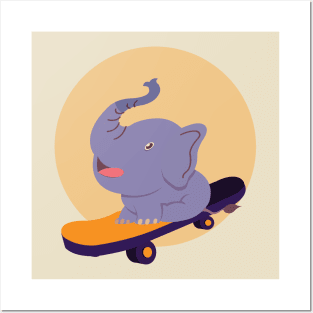 Blue baby elephant skateboarding Posters and Art